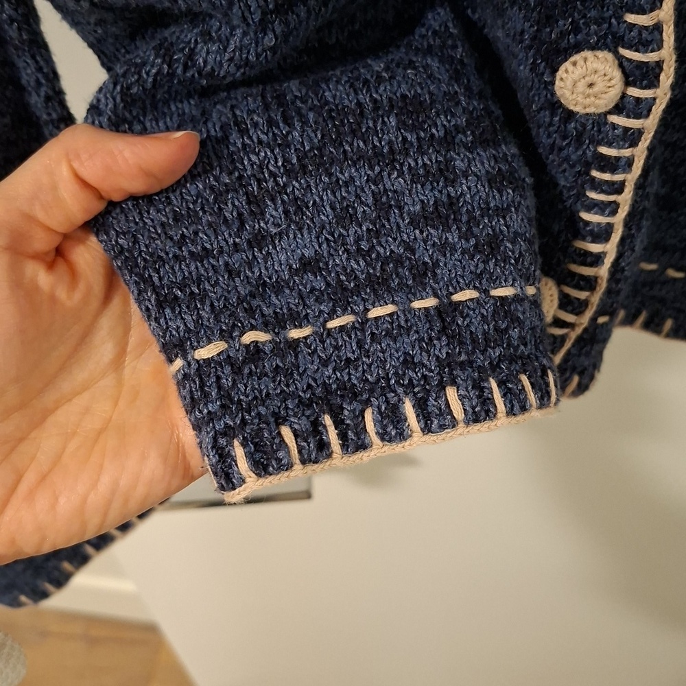 Vintage Blue Polo-neck Cardigan with Cream Crochet & Blanket Stitch (Size S) - Picture 10 of 10